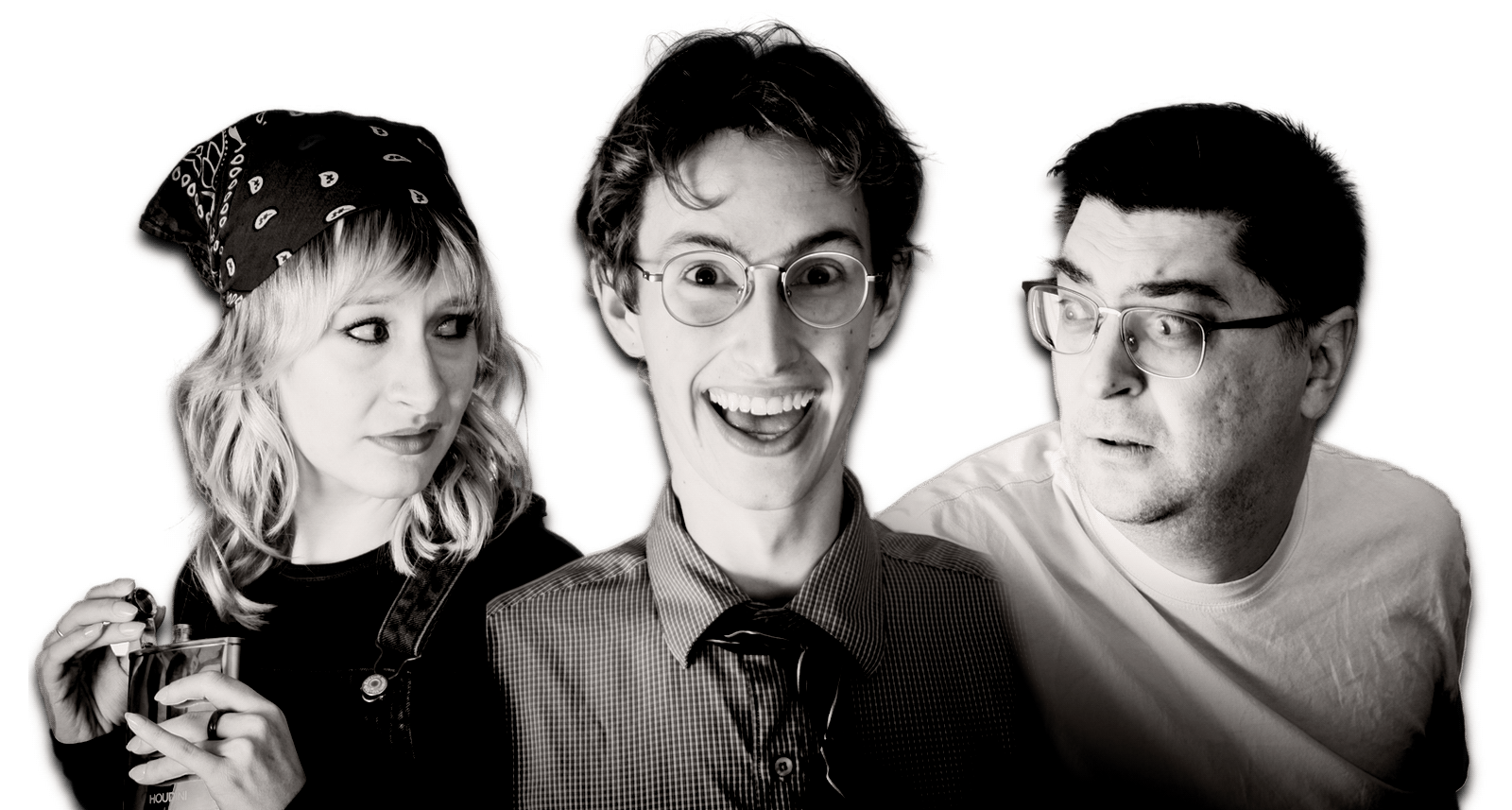 Black and white photo of a sad woman holding a flash, looking over her shoulder at a man with glasses smiling in an unsettling way, while a second man wearing glasses looks over his shoulder at the smiling man fearfully.